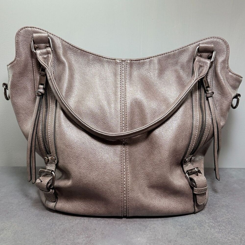 Realer Hobo Shoulder Bag Metallic Pewter | Gunmetal Multi Zip Large Purse